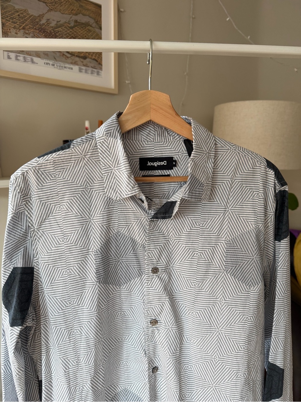 Desigual White and Black Geometric Long-Sleeve Button-Down Shirt